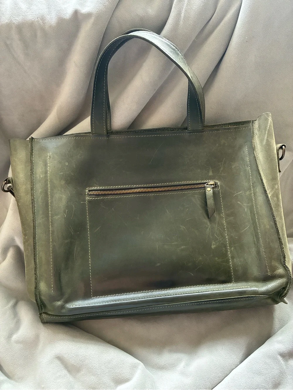 Olive Green Leather Tote with Front Pocket